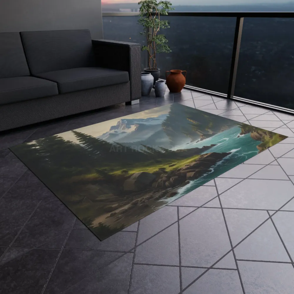 Alfombra de exterior con pinos rodeados de río en las montañas - Perfecta para patios, jardines, camping, días de playa, d...