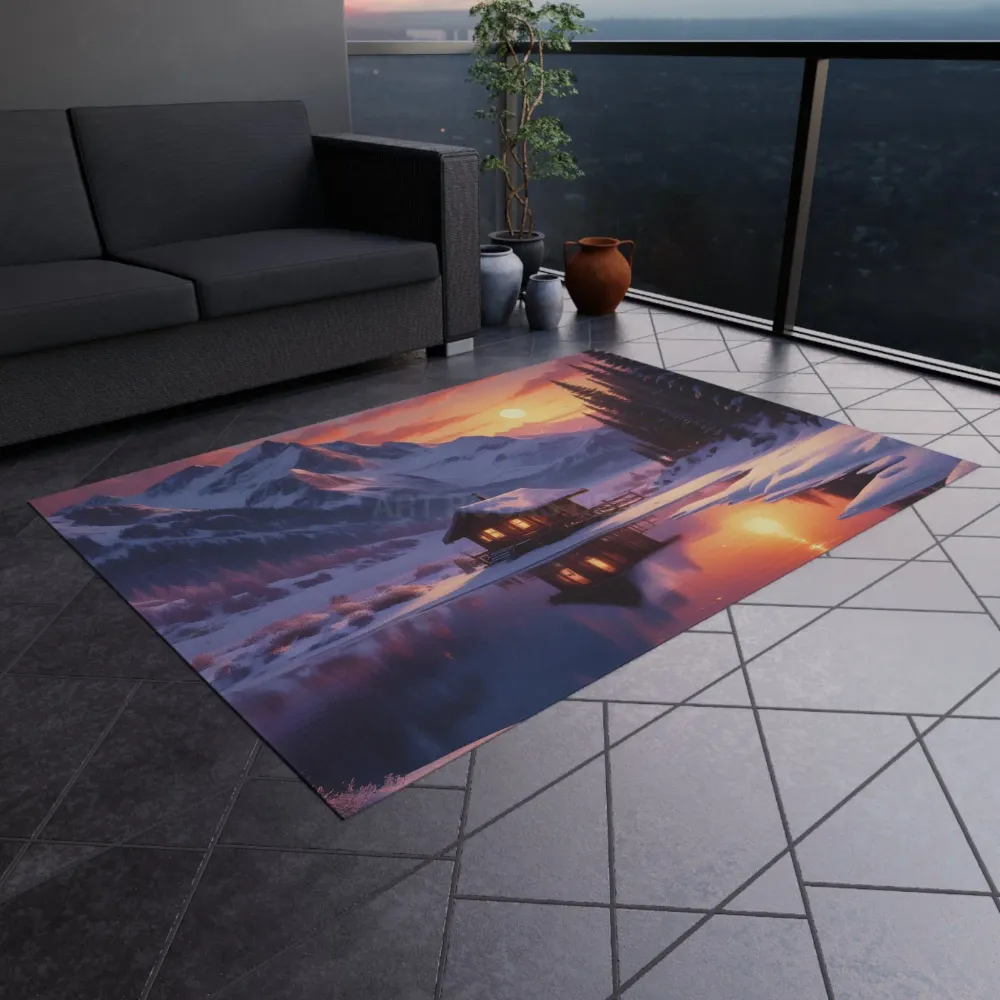 Alfombra de exterior Mountain Cabin Sunset, tapete acogedor para patio, regalo para amantes de la naturaleza, tapete decor...