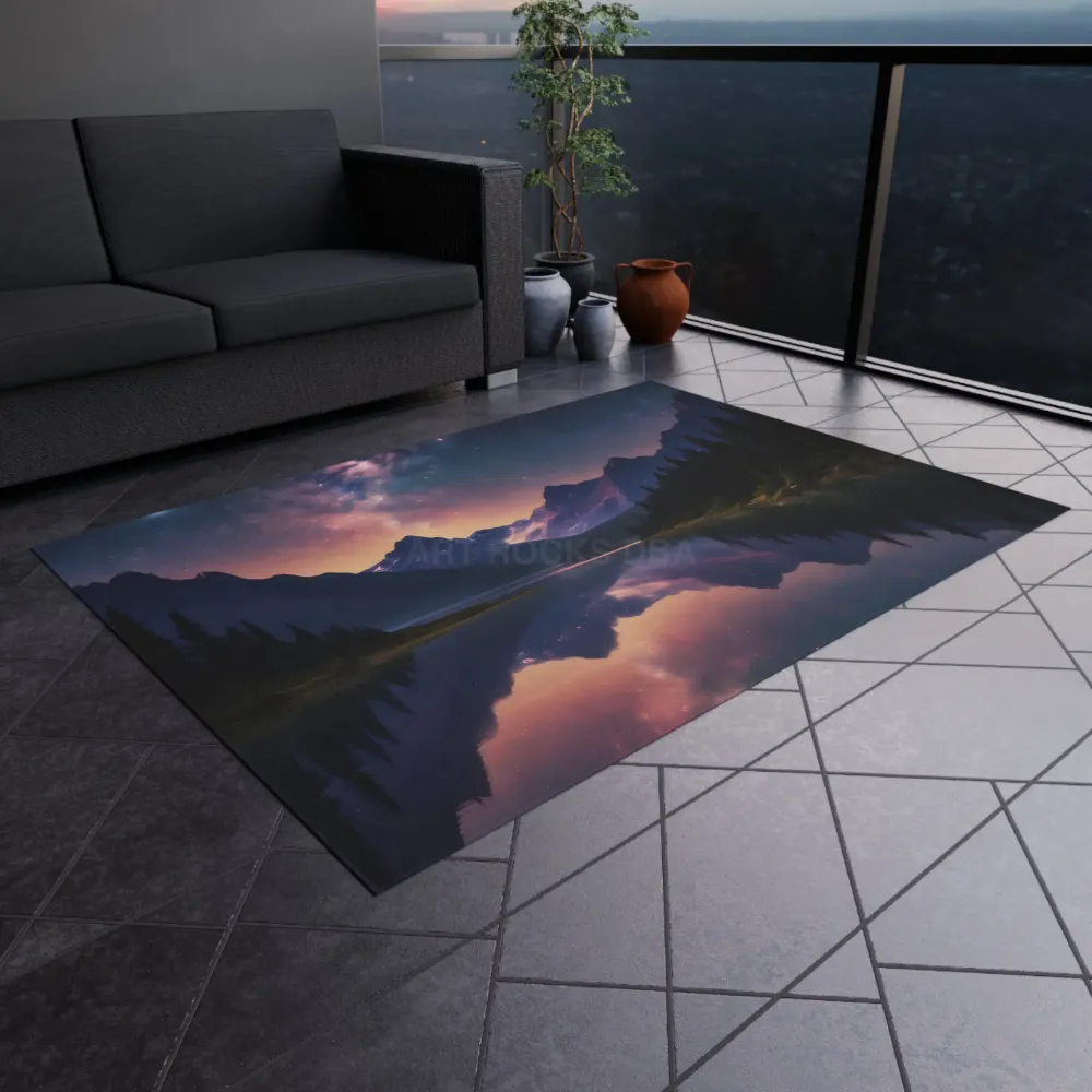 Alfombra de exterior «Noche estrellada en las montañas» para patios, decoración interior o exterior, acento decorativo con...