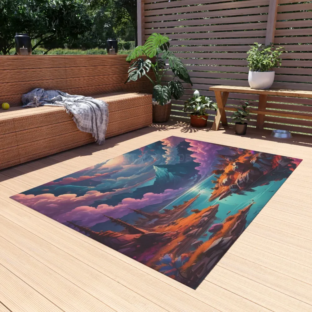 Alfombra de exterior vibrante con diseño de paisaje de montañ, decoración para patio, estilo bohemio, accesorios de campin...