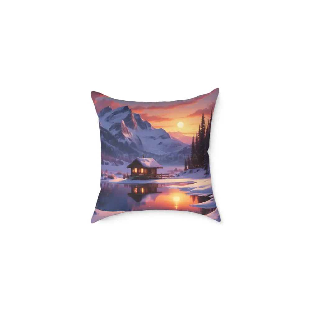 Almohada decorativa de invierno para cabañ serena en lago nevado Printify