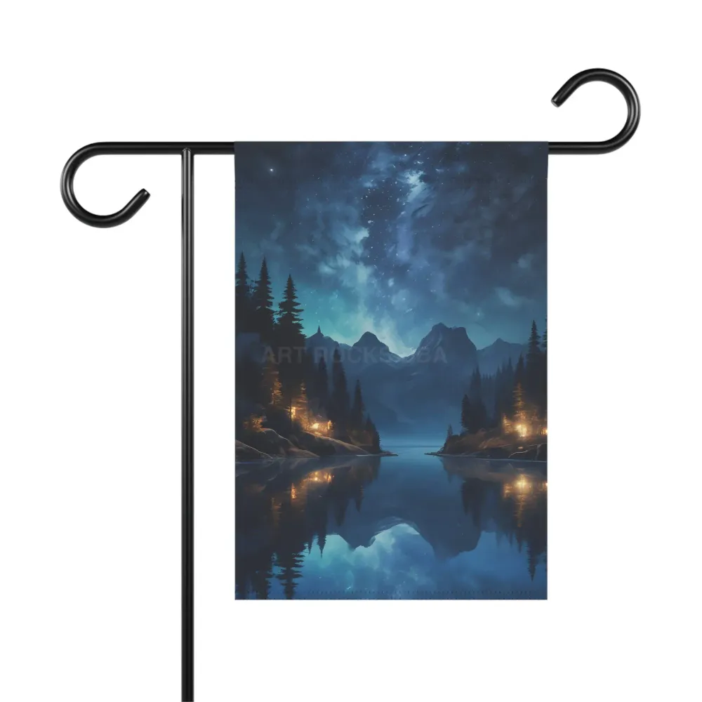 Bandera de jardín con lago resplandeciente por la noche, decoración para el hogar, bandera para exteriores, temática de na...