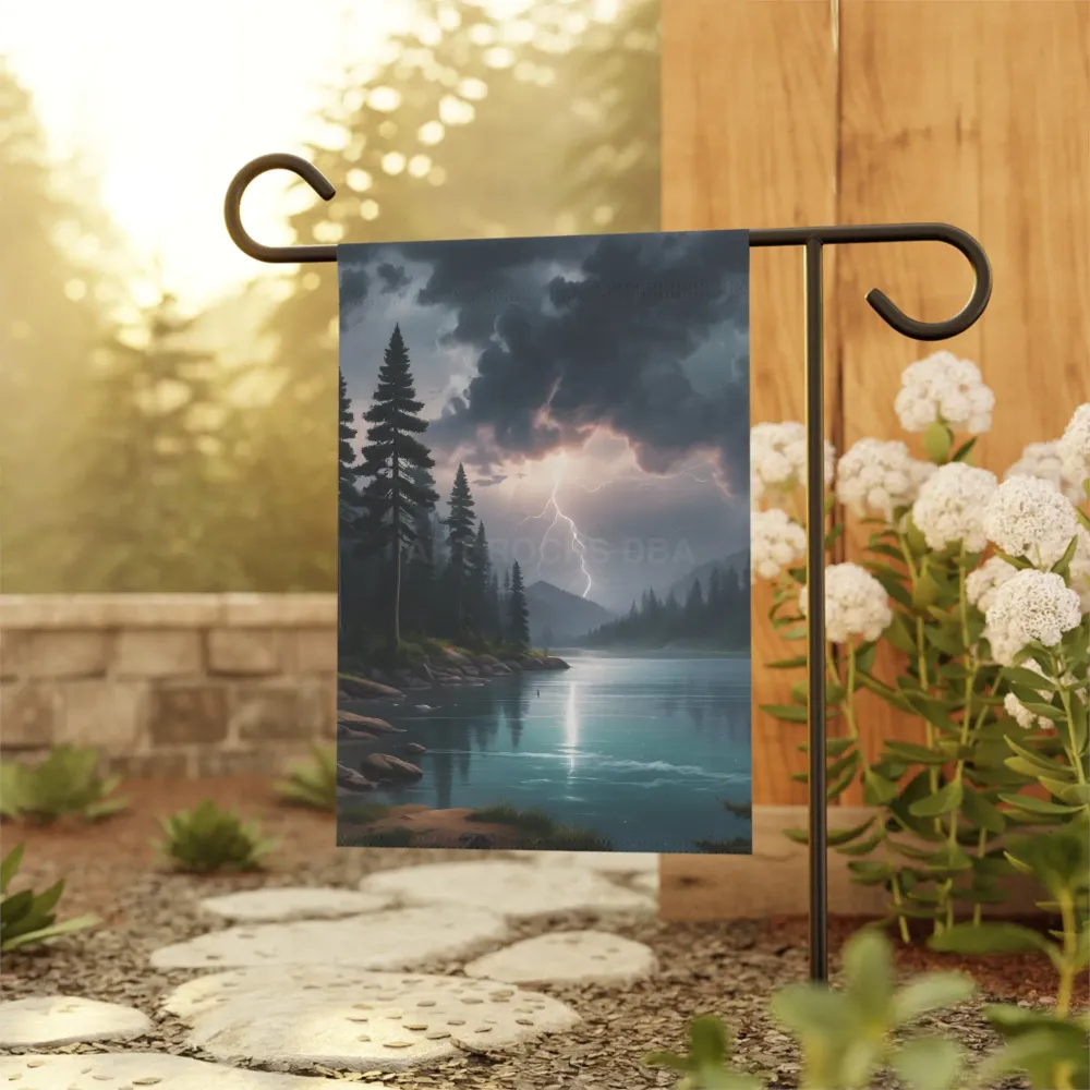 Bandera de naturaleza con relámpagos sobre un lago misterioso, decoración para exteriores, bandera de jardín, regalo de in...