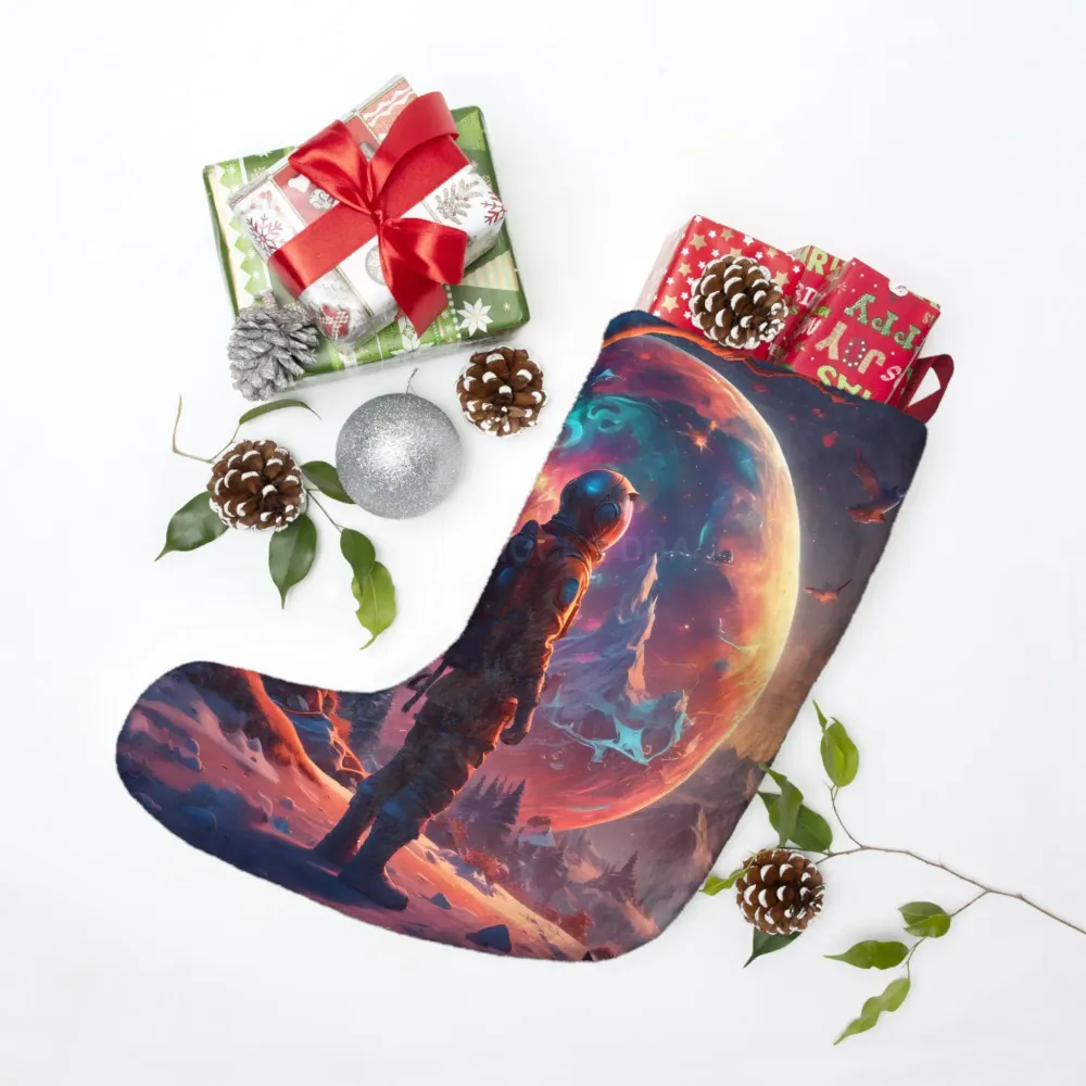 Calcetín navideño de astronauta: calcetín navideño cósmico de invierno Printify