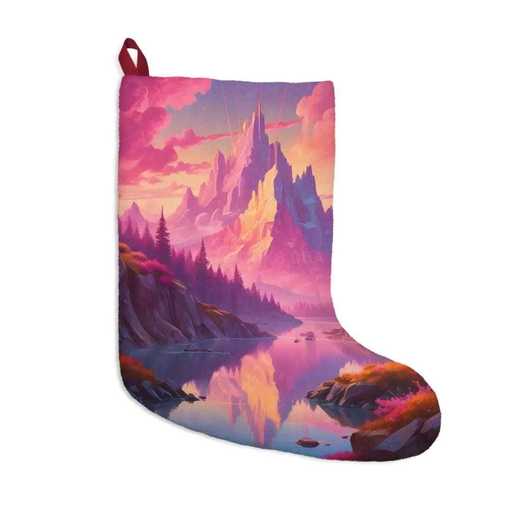 Calcetín navideño de montañ de fantasí: Calcetín navideño con castillo al atardecer rosa Printify
