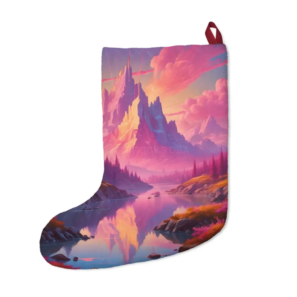 Calcetín navideño de montañ de fantasí: Calcetín navideño con castillo al atardecer rosa Printify