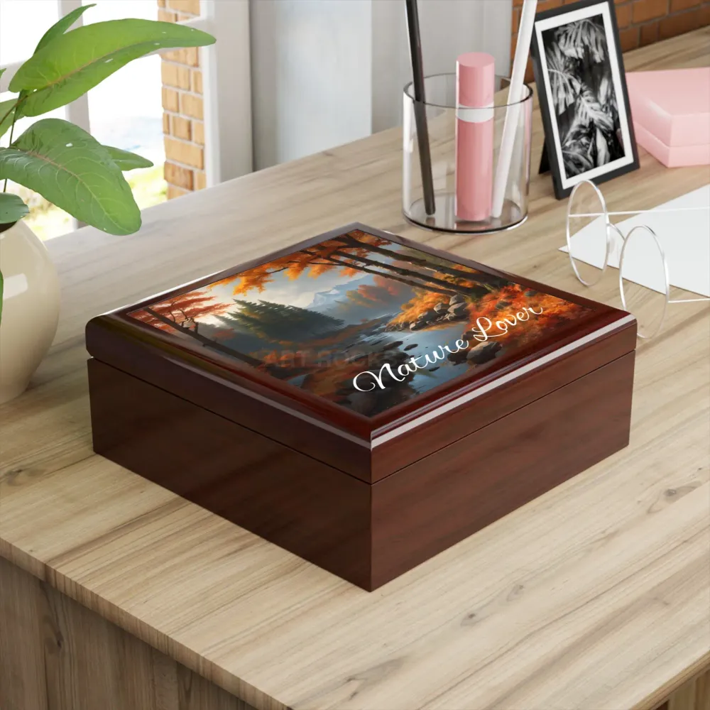 Joyero para amantes de la naturaleza — Caja de recuerdos del bosque otoñal Negro Printify