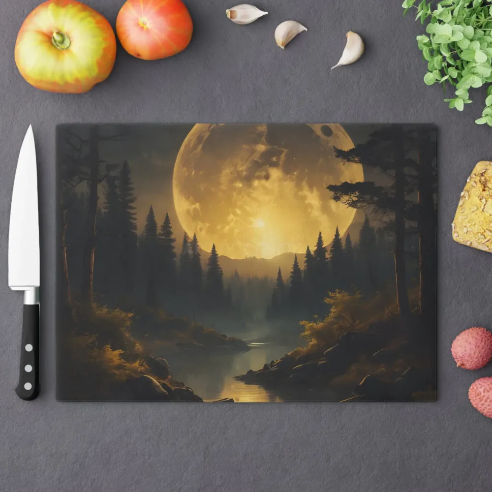 Tabla de cortar con bosque iluminado por la luna — Tabla de cortar de vidrio con paisaje escénico de luna llena Printify