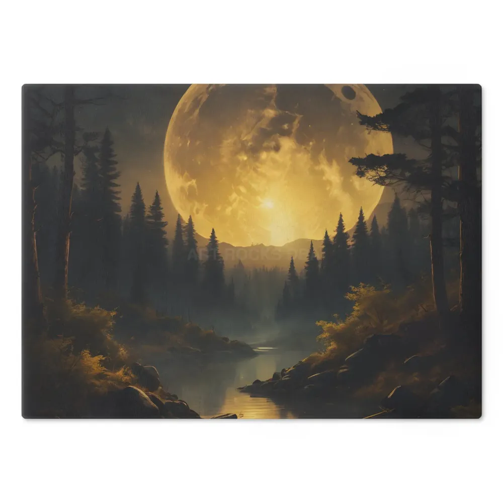 Tabla de cortar con bosque iluminado por la luna — Tabla de cortar de vidrio con paisaje escénico de luna llena Printify