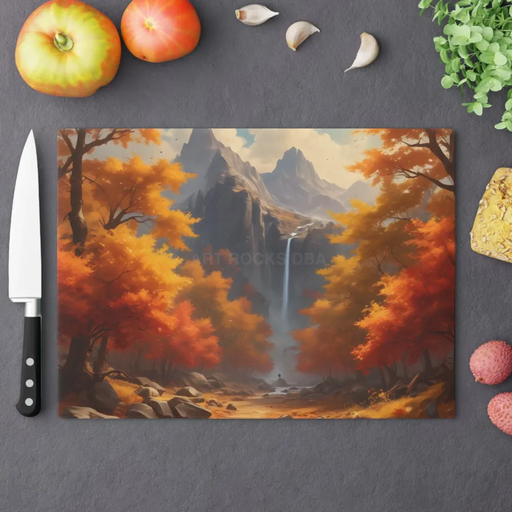 Tabla de cortar con cascada otoñal: tabla para servir y preparar con paisaje otoñal Printify