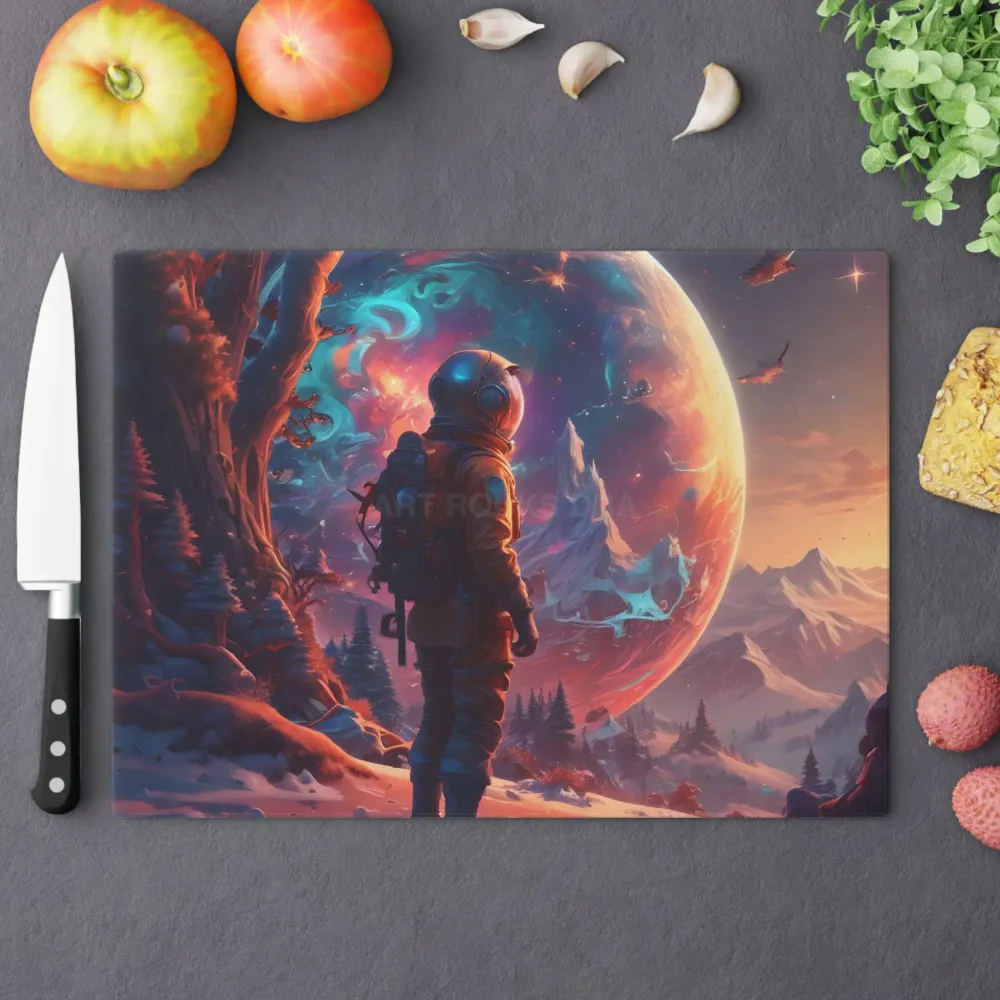 Tabla de cortar con diseño de planeta astronauta — Decoración de cocina con paisaje cósmico Printify