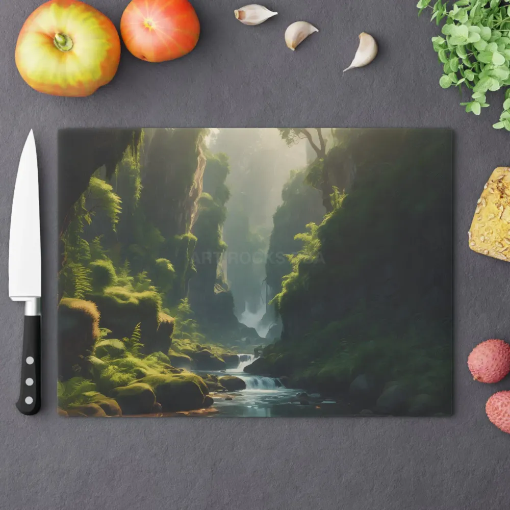 Tabla de cortar Fern Forest Gorge: decoración de cocina con una cascada tranquila Printify