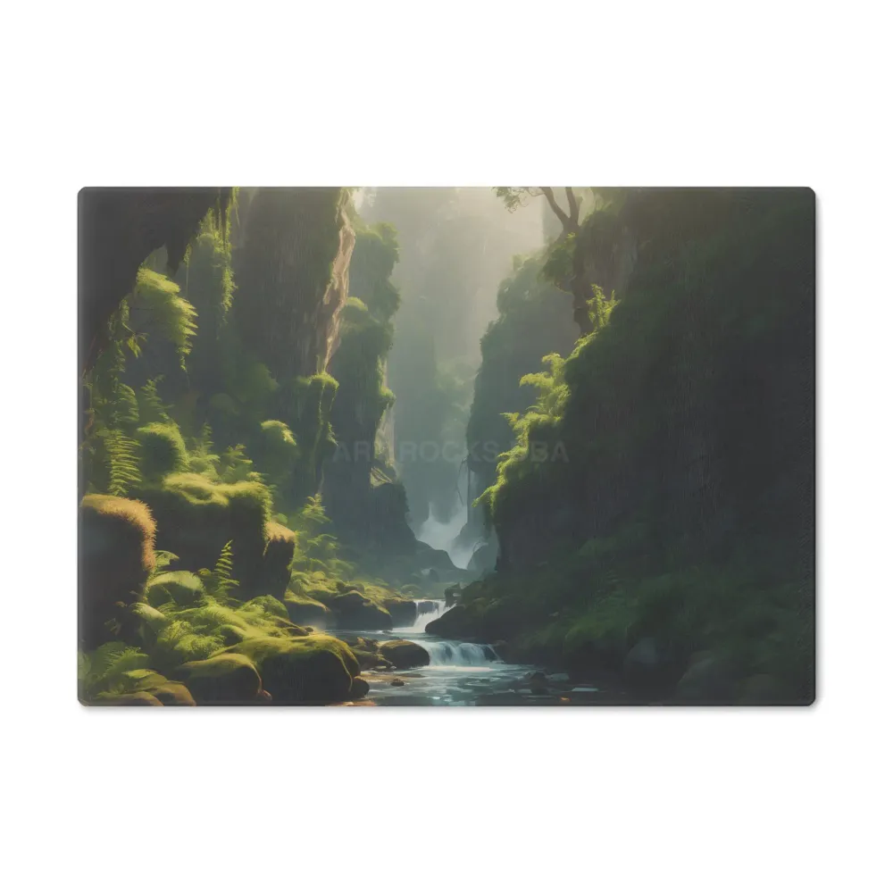 Tabla de cortar Fern Forest Gorge: decoración de cocina con una cascada tranquila Printify