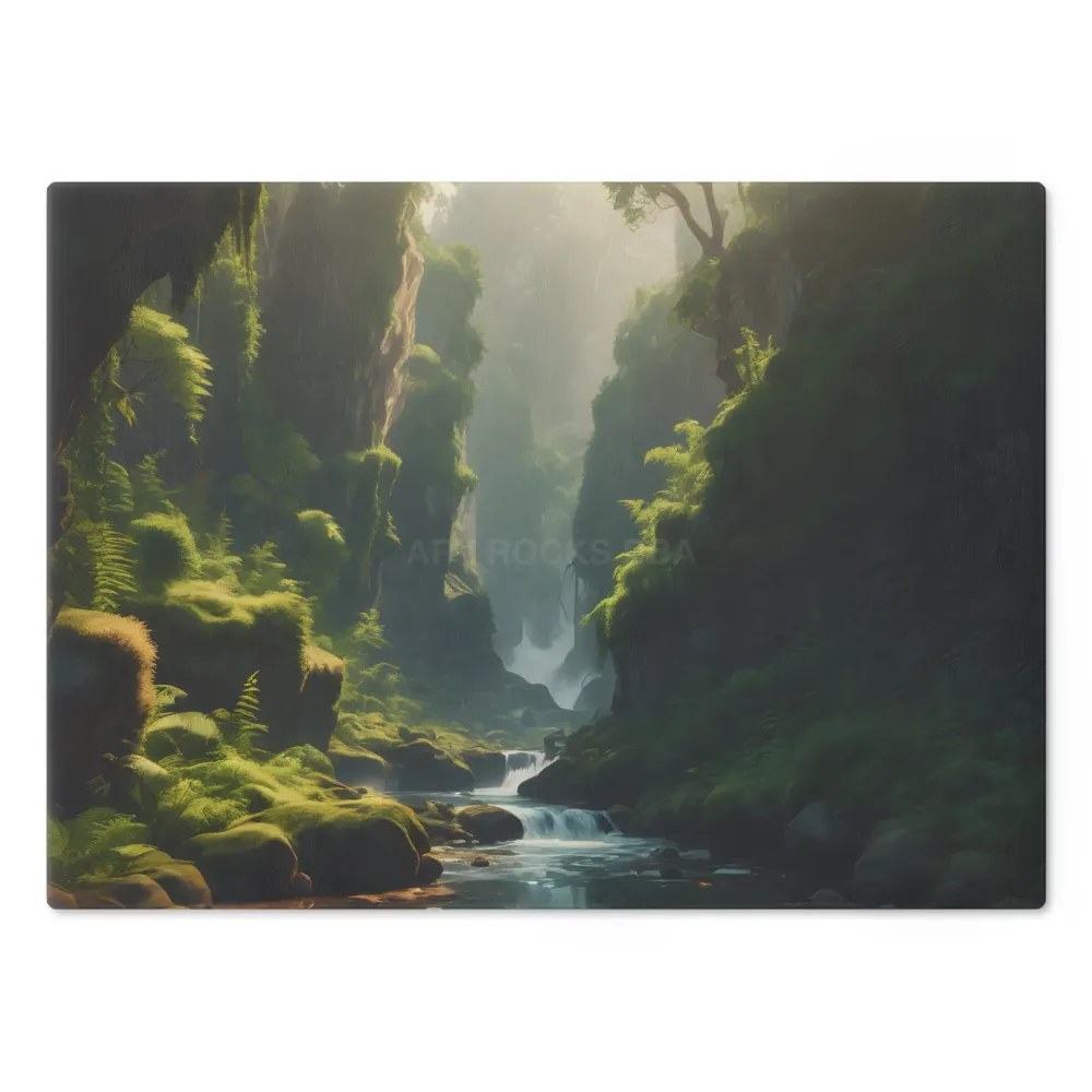 Tabla de cortar Fern Forest Gorge: decoración de cocina con una cascada tranquila Printify