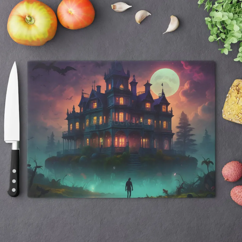 Tabla de cortar de la Mansión Embrujada: Decoración de cocina espeluznante para Halloween Printify