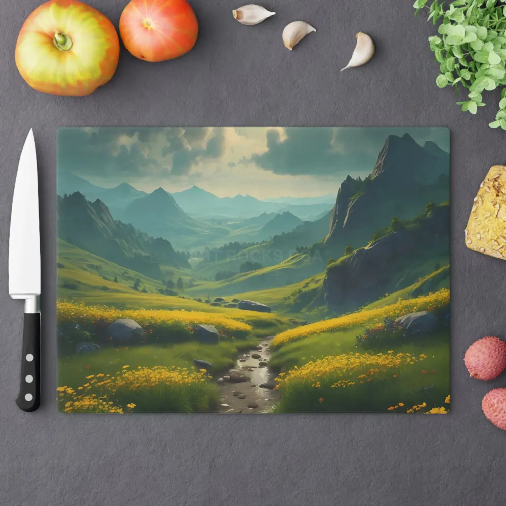 Tabla de cortar de vidrio con paisaje de pradera montañosa dorada – Decoración de cocina escénica Printify