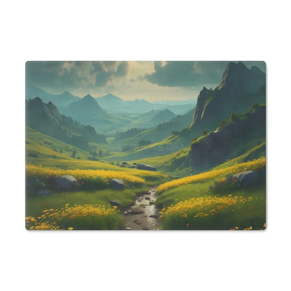Tabla de cortar de vidrio con paisaje de pradera montañosa dorada – Decoración de cocina escénica Printify