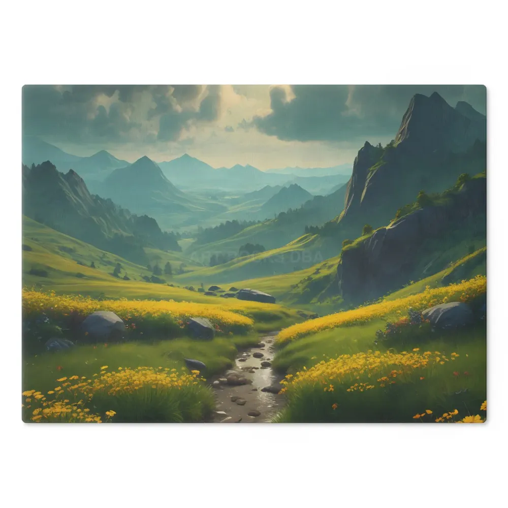Tabla de cortar de vidrio con paisaje de pradera montañosa dorada – Decoración de cocina escénica Printify