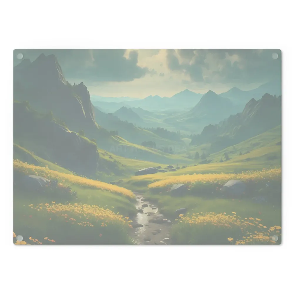 Tabla de cortar de vidrio con paisaje de pradera montañosa dorada – Decoración de cocina escénica Printify