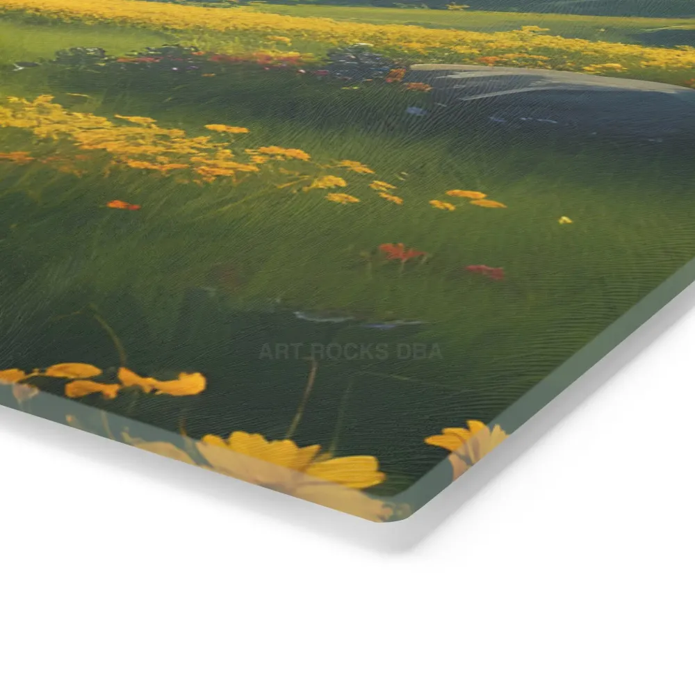 Tabla de cortar de vidrio con paisaje de pradera montañosa dorada – Decoración de cocina escénica Printify
