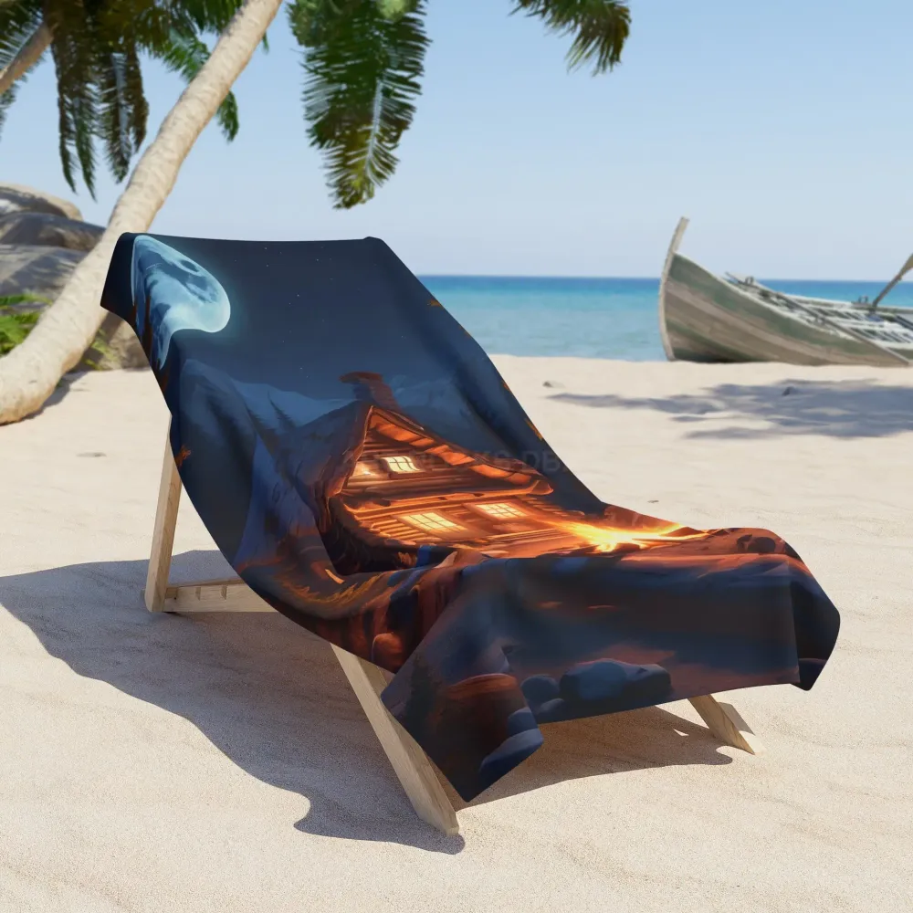 Toalla de playa — Cabañ acogedora de Moonlight Design (Escena de hoguera y cabañ invernal) Printify