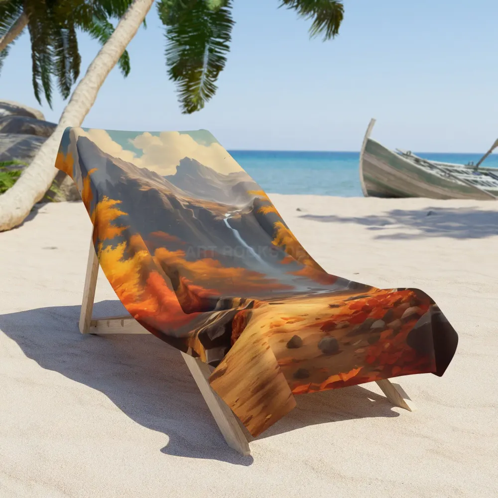 Toalla de playa con cascada de montañ otoñal Printify