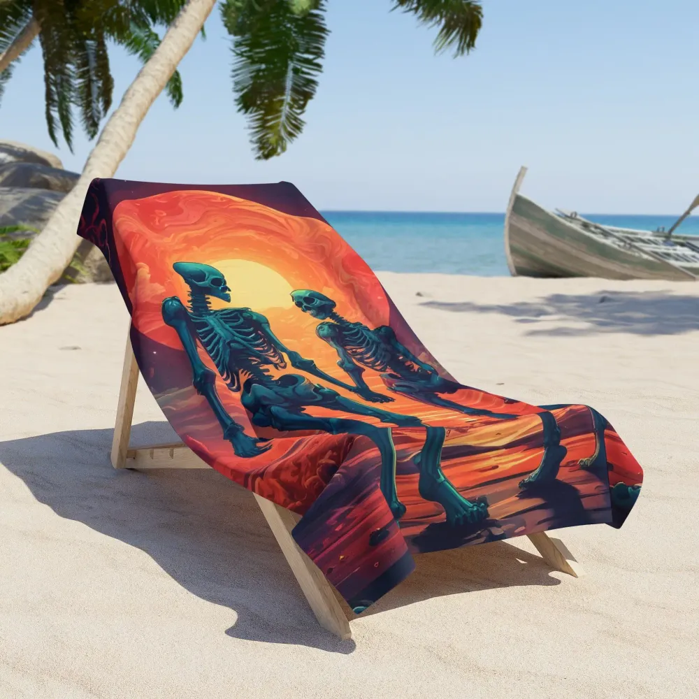 Toalla de playa con esqueletos enamorados al atardecer Printify