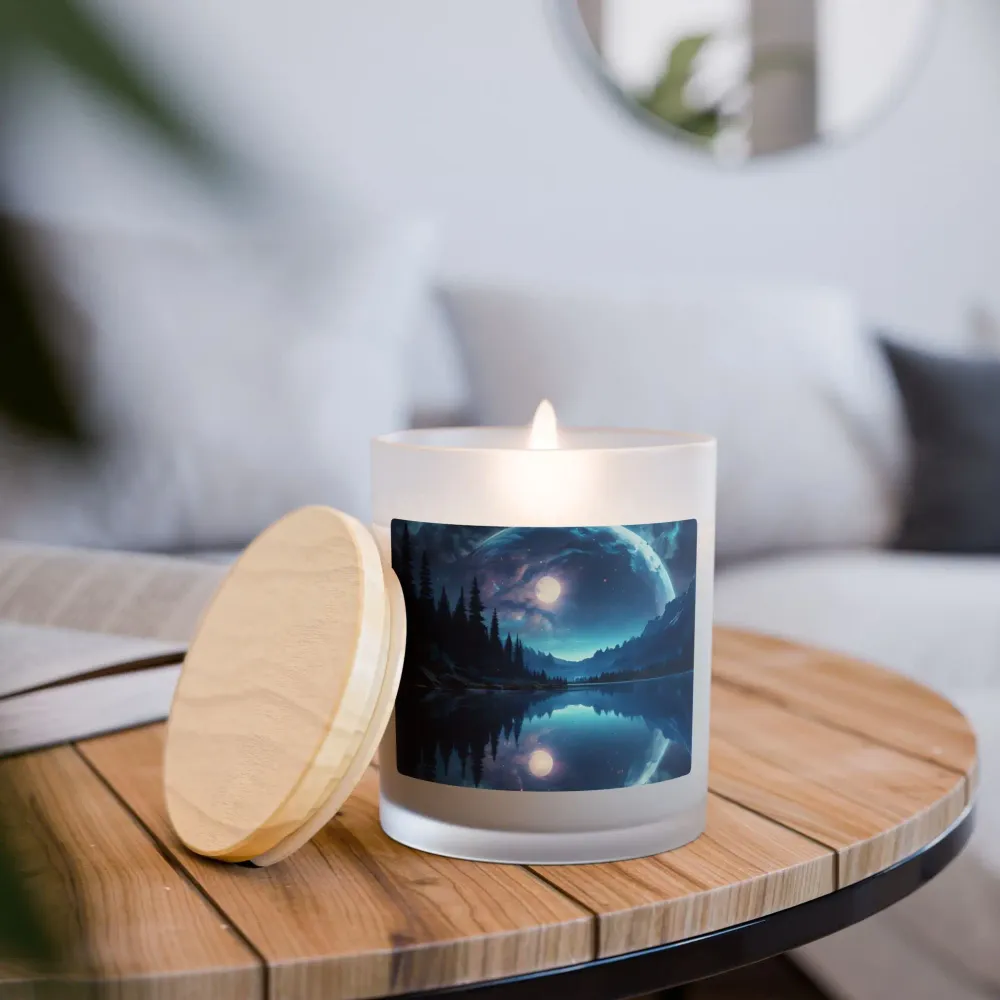 Vela de vidrio esmerilado Moonlit Lake — Vela con paisaje de bosque de 325 g Printify