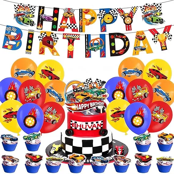 Decoración de fiesta de cumpleaños con ruedas para automóvil de carreras con temática de feliz cumpleaños Quierox - Tienda...