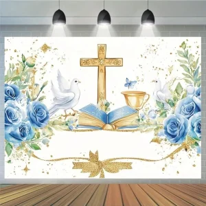 Shein Fondo de Vinilo con Cruz Dorada, Palomas y Flores Azules para Bautismo, Bodas o Cumpleaños 180*230cm Quierox - Tiend...