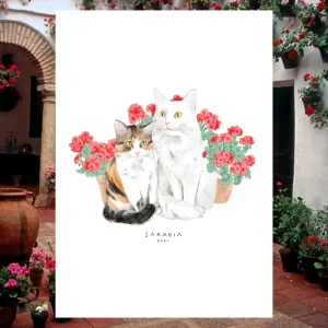 Lámina Gato blanco y gato marrón con rosas Raquel Sarabia