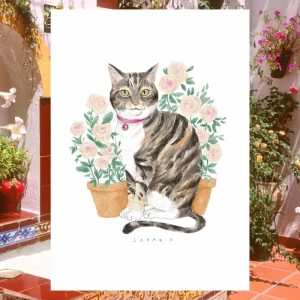 Lámina Gato gris y marrón con plantas Raquel Sarabia