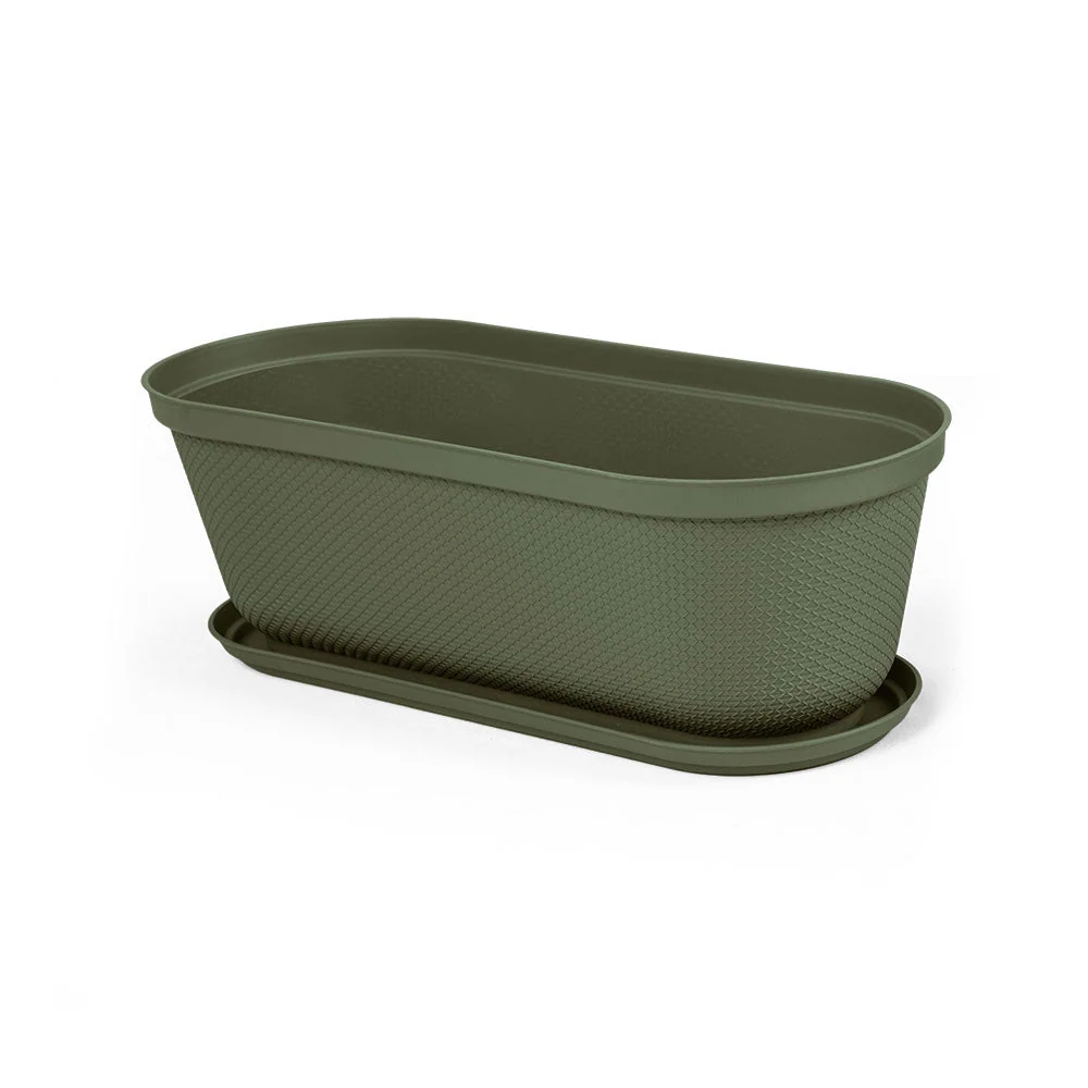 Matera moderna Ovalada Rafia 60 Cm con Plato Verde Musgo Rimax