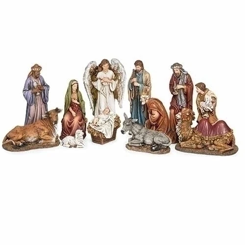 Belén de 12 piezas con los Reyes Magos, animales, ángel y pastor. Roman