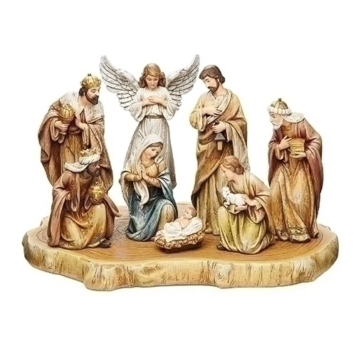 Natividad de 9 piezas de 17”H sobre base de losa de madera (madera sintética) Roman