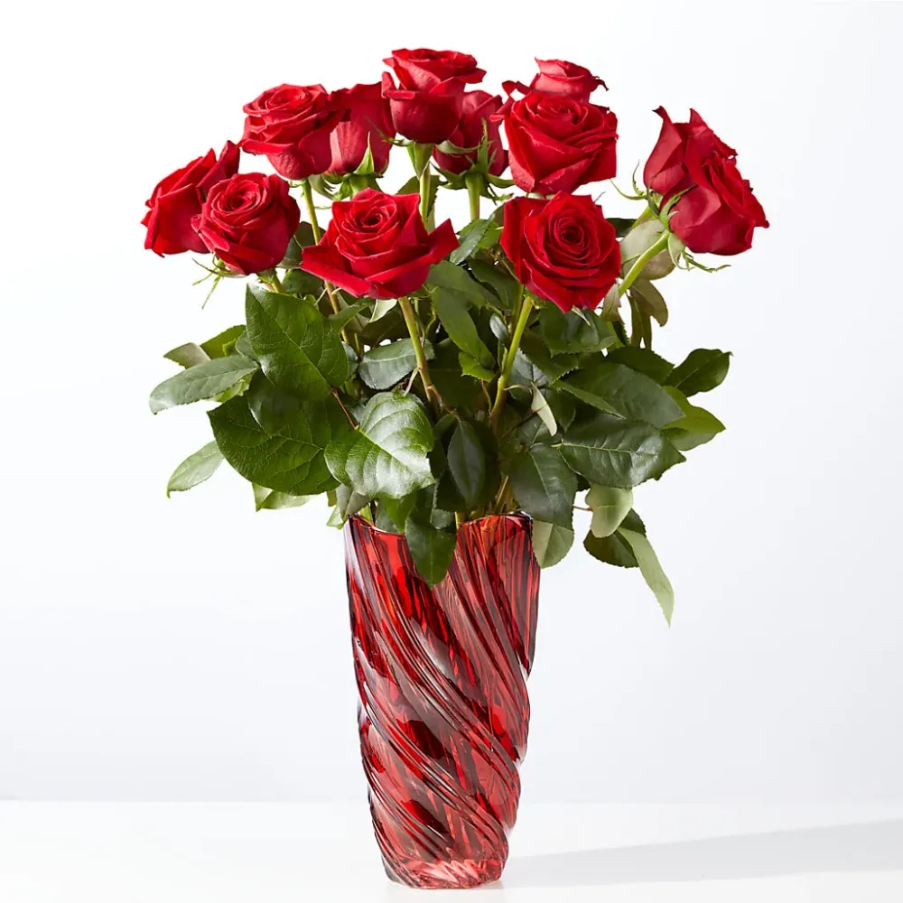 Clásico ramo de rosas rojas del amor con jarrón de lujo en espiral Salon Diane Aubin Fleuriste Inc