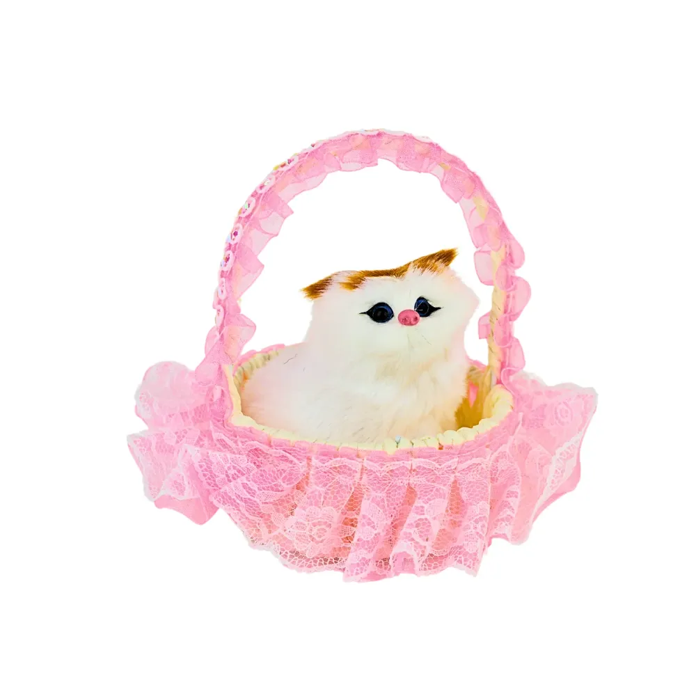 Gato Maullador en Canasta Juguete Decorativo Rosado Soleio Regalos