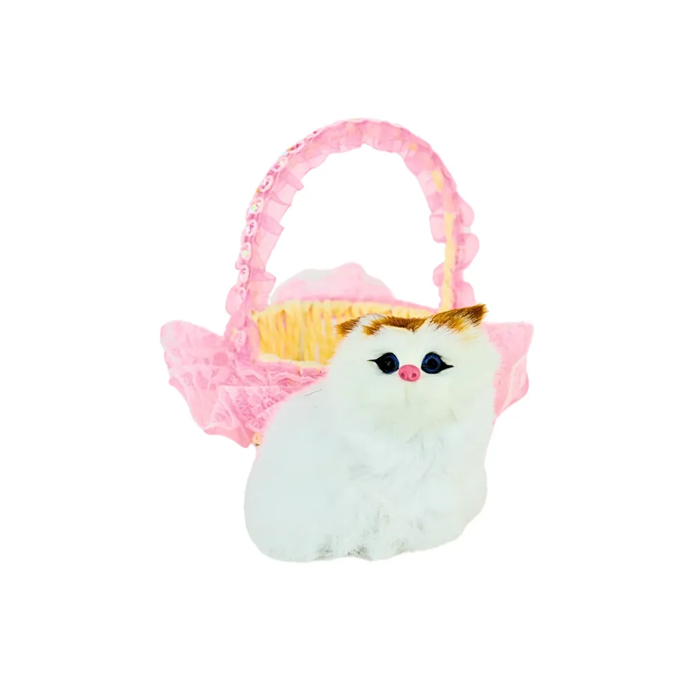 Gato Maullador en Canasta Juguete Decorativo Rosado Soleio Regalos