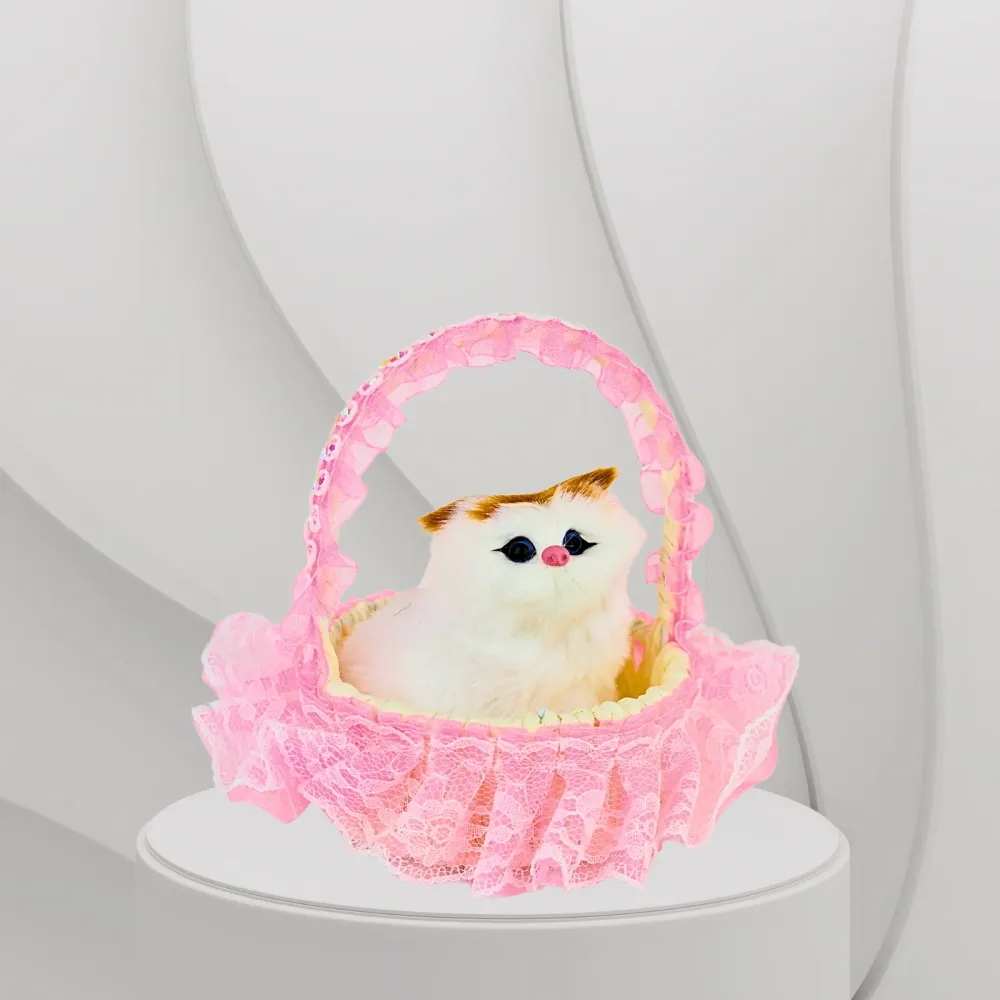 Gato Maullador en Canasta Juguete Decorativo Rosado Soleio Regalos