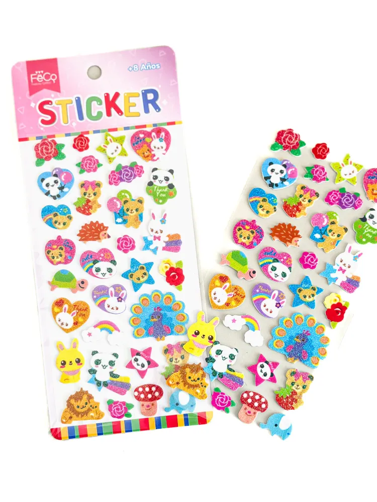 Sticker Glitter Infantil Animales 12 Unidades