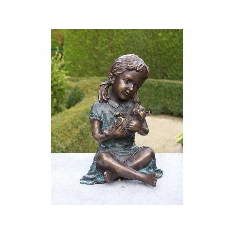 Niñ pequeñ jugando con gato - 14 x 9 x 10CM - Estatua de bronce Thermobrass