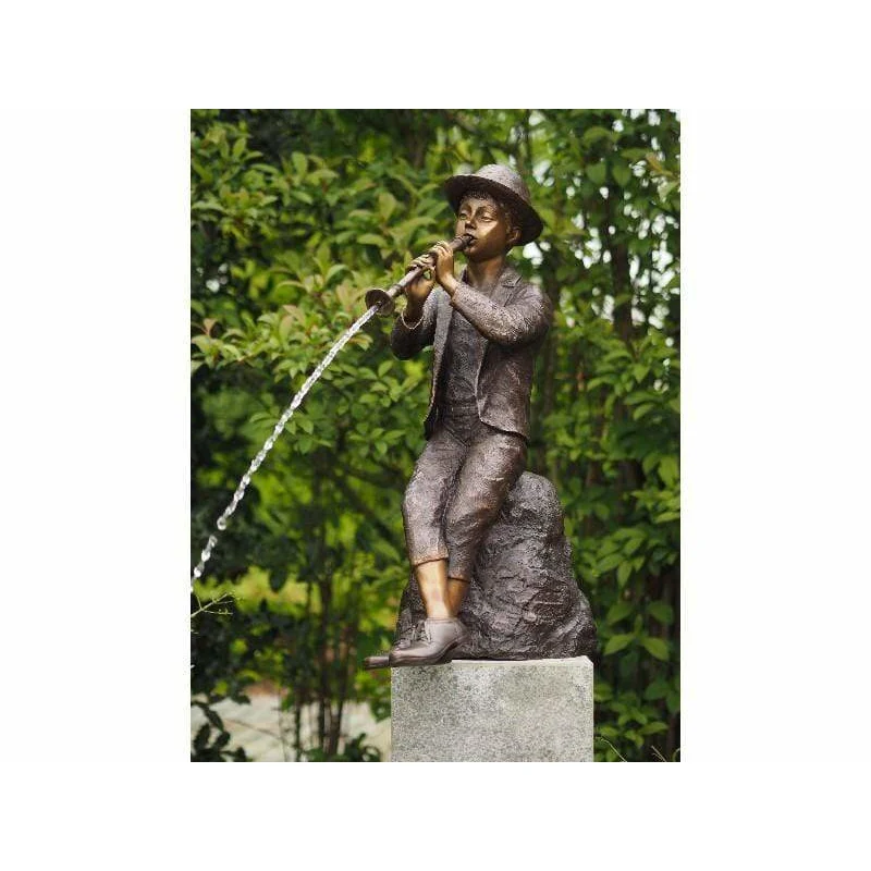 Niño de pie tocando la flauta - 78 x 33 x 48CM - Estatua de bronce Thermobrass