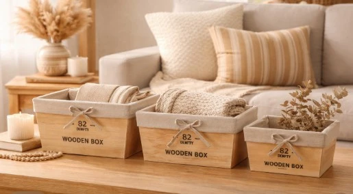 Set de 3 canastos en madera forrados en tela Blanco Tienda VGO