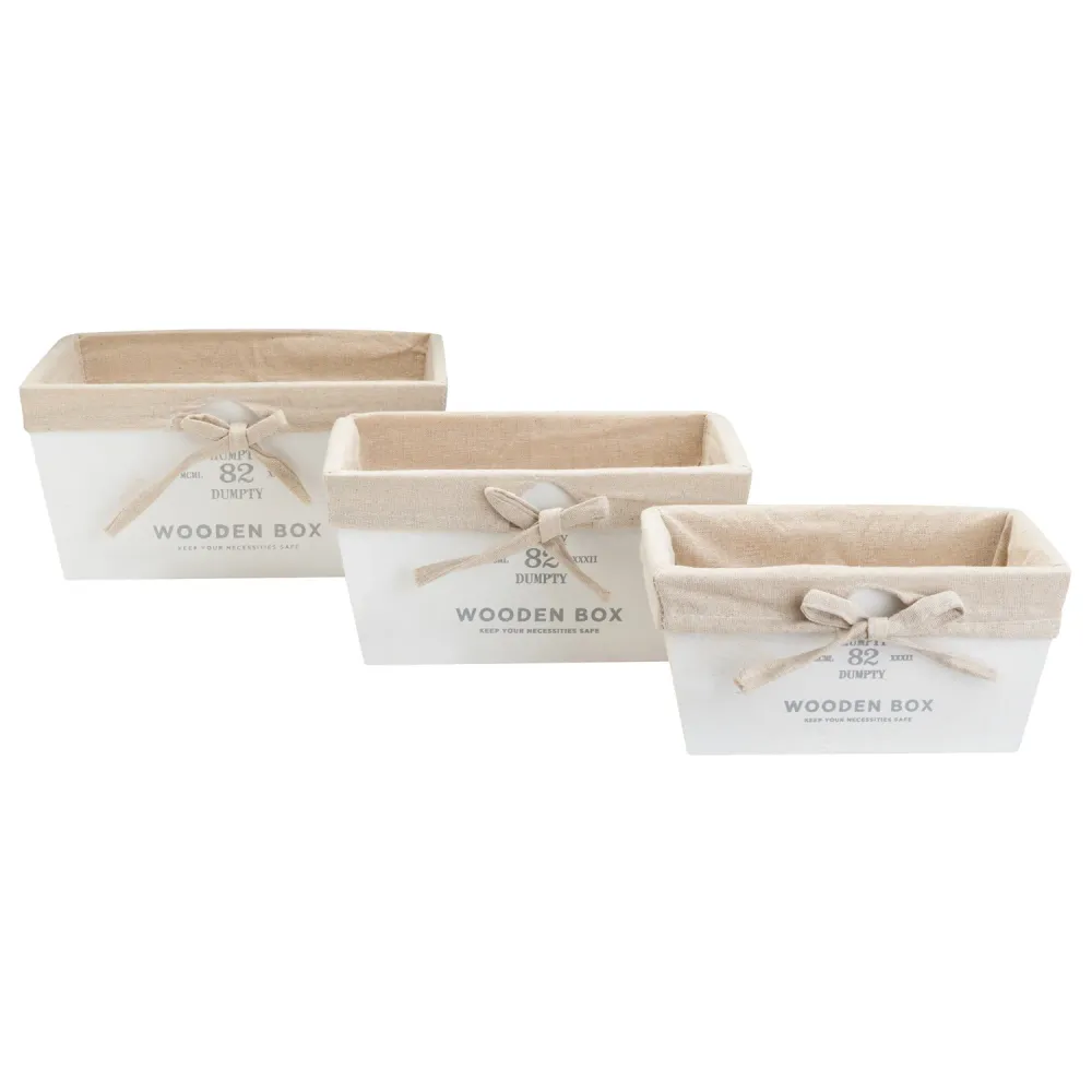 Set de 3 canastos en madera forrados en tela Blanco Tienda VGO