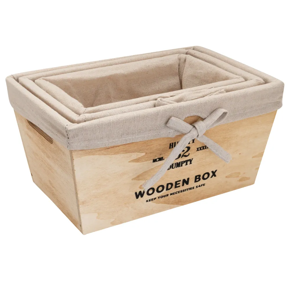 Set de 3 canastos en madera forrados en tela Blanco Tienda VGO