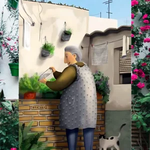 Lámina Abuela regando las plantas Violeta Quiñones