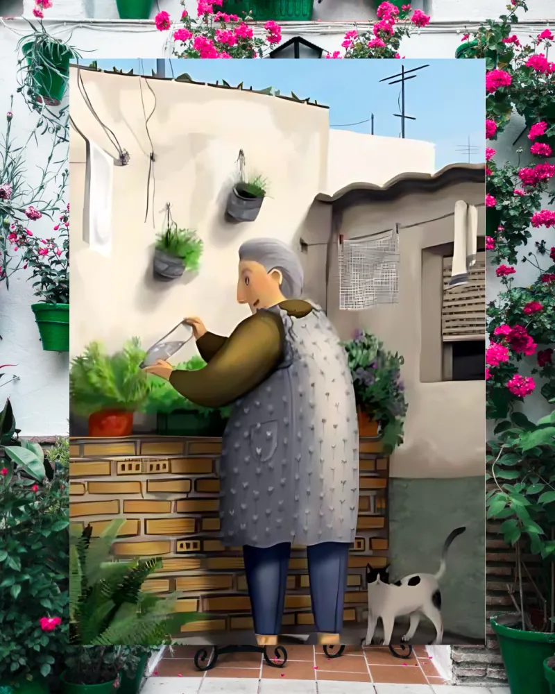 Lámina Abuela regando las plantas Violeta Quiñones