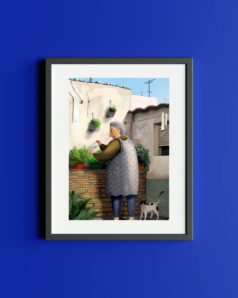 Lámina Abuela regando las plantas Violeta Quiñones