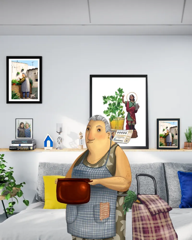 Lámina Abuela regando las plantas Violeta Quiñones