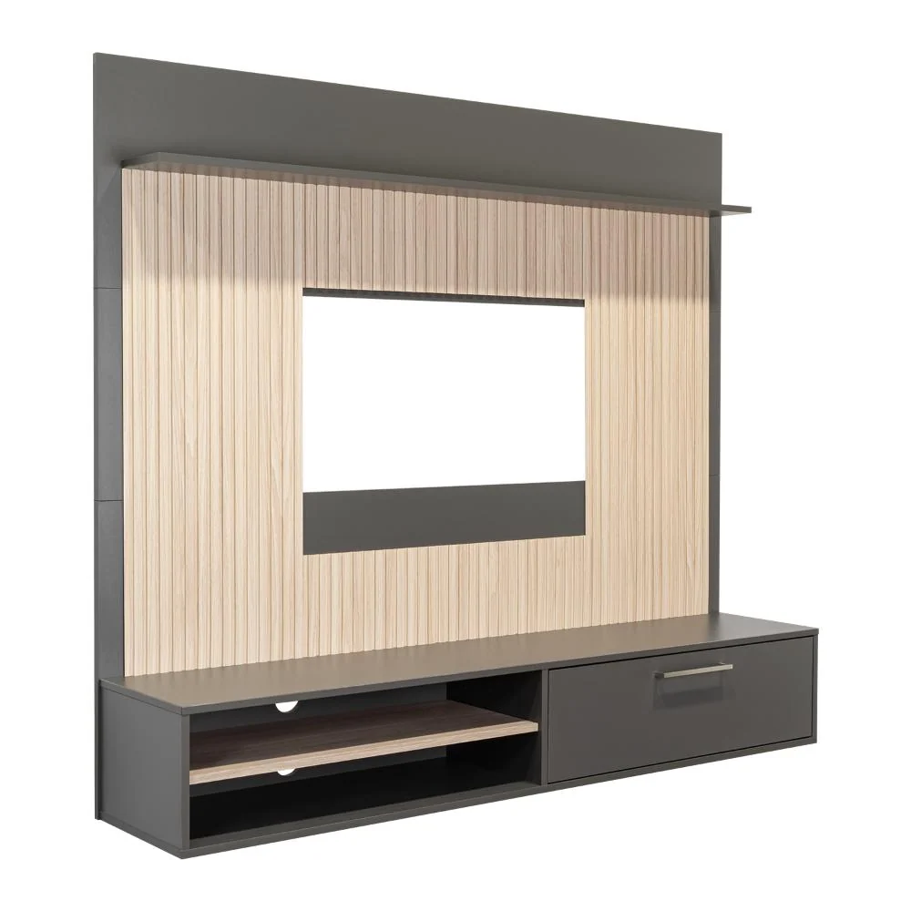 Panel de Tv Hober, Plata Oscuro y Bardolino, Con espacio para televisor desde 55" hasta 70" VM Hogar
